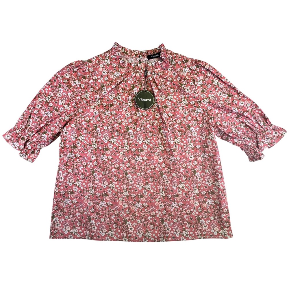 NWT Vipwest Blouse Shirt Women's XL Pink Floral Ruffle Puff Sleeve Cottagecore